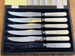 Set of (6) B. Thomas & Co. serrated knives w/ plastic MOP style handles.