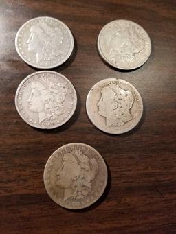 Morgan dollars, 1880o, 1881o, 1890, 1900o, one unreadable. Bid x 5