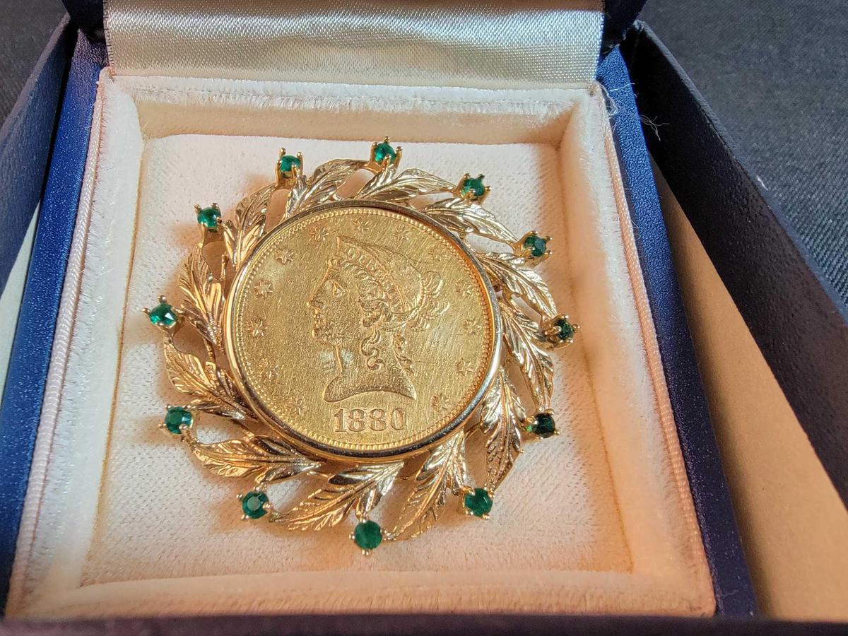 1880 Liberty Head $10 Gold Eagle Coin in Brooch