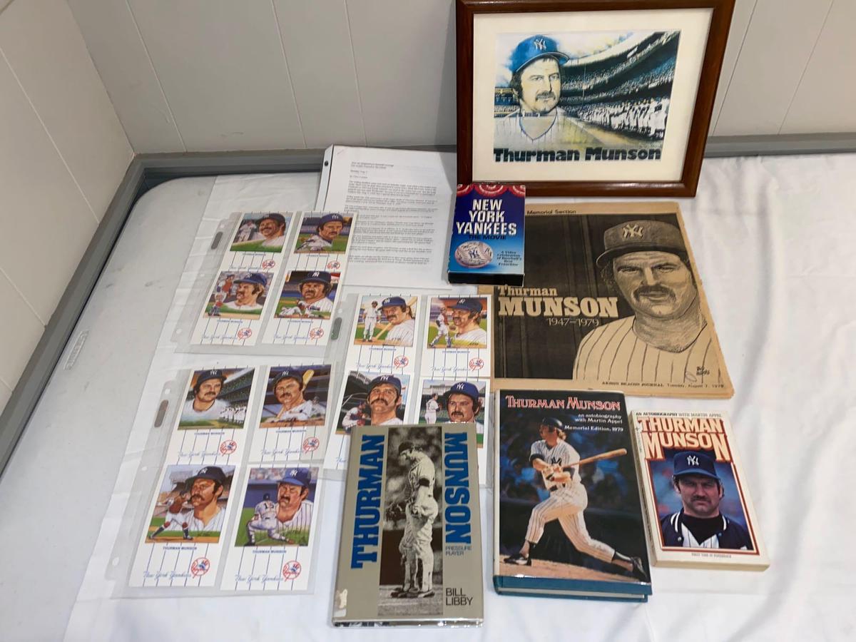 (3) Books on Thurman Munson, (12) postcards, Yankees VHS video, framed print, etc.