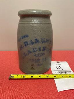 Salt glazed canning crock with blue lettering