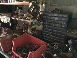 Contents of shelves including Bridgeport Vise, hardware, scrap.