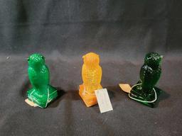 (3) degenhart owls, tangerine, jade and emerald green