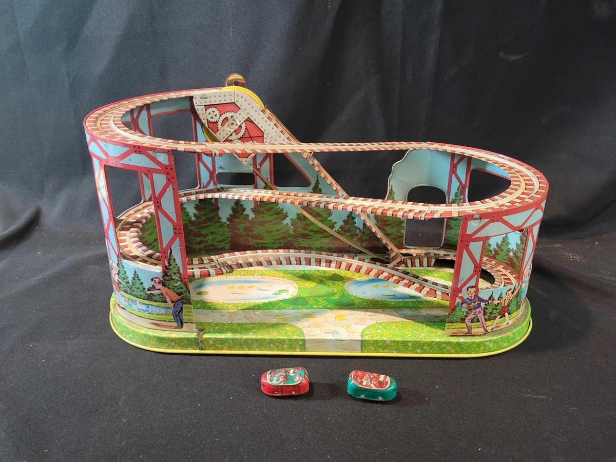 Vintage Chein playthings tin rollercoaster with 2 cars
