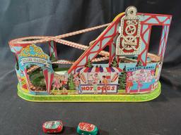 Vintage Chein playthings tin rollercoaster with 2 cars