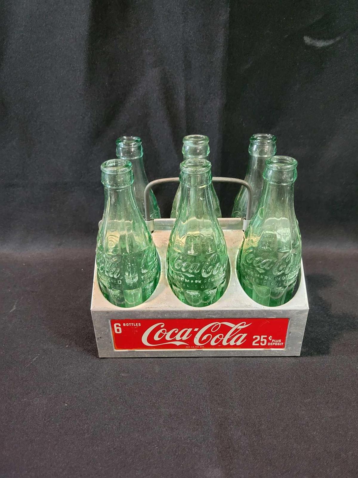 Coca Cola metal 6 pack bottle carrier with 6 bottles, 25 cent