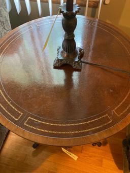 Leather Inlaid Wood Round Top Table