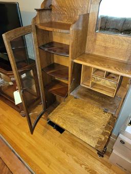 Antique Oak Writers Desk Curio Cabinet