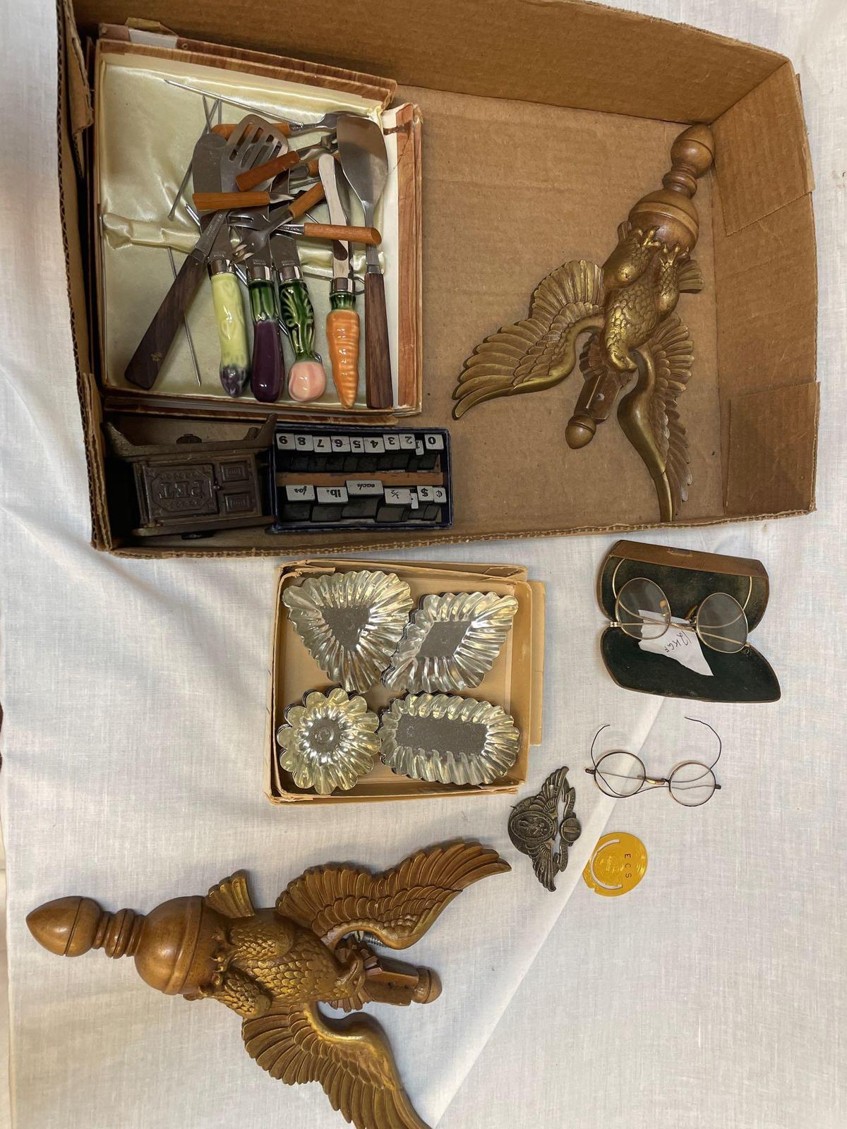 Flat of Collectables incl 12kgf glasses, flatware, stamps, molds, etc.