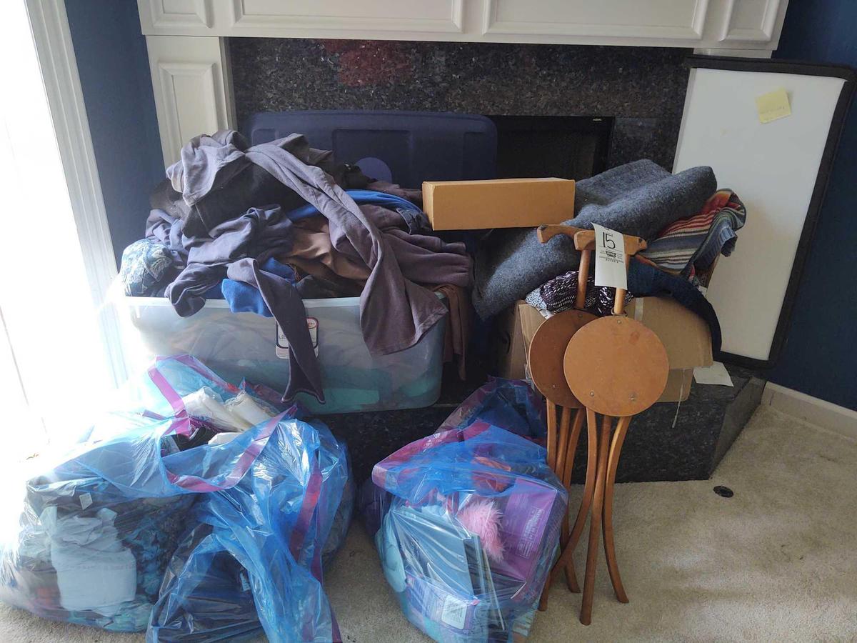 Assorted Clothing, Blankets and Portable Chairs
