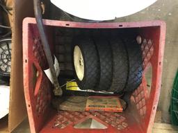 Fuel cans, sweeper parts, solid wheels