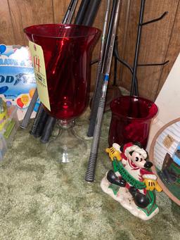 Red glassware - painted slate and wood bowl - older golf clubs incl. Honda putter - kid's toys