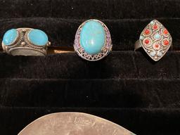 Turquoise jewelry, 3 rings, belt buckel, bracelet, & brooch