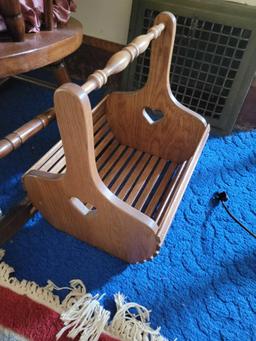 Wood rocker with stenciled back and magazine holder