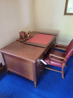 Wood desk 5ft x 3ft top, executive chair and bookends