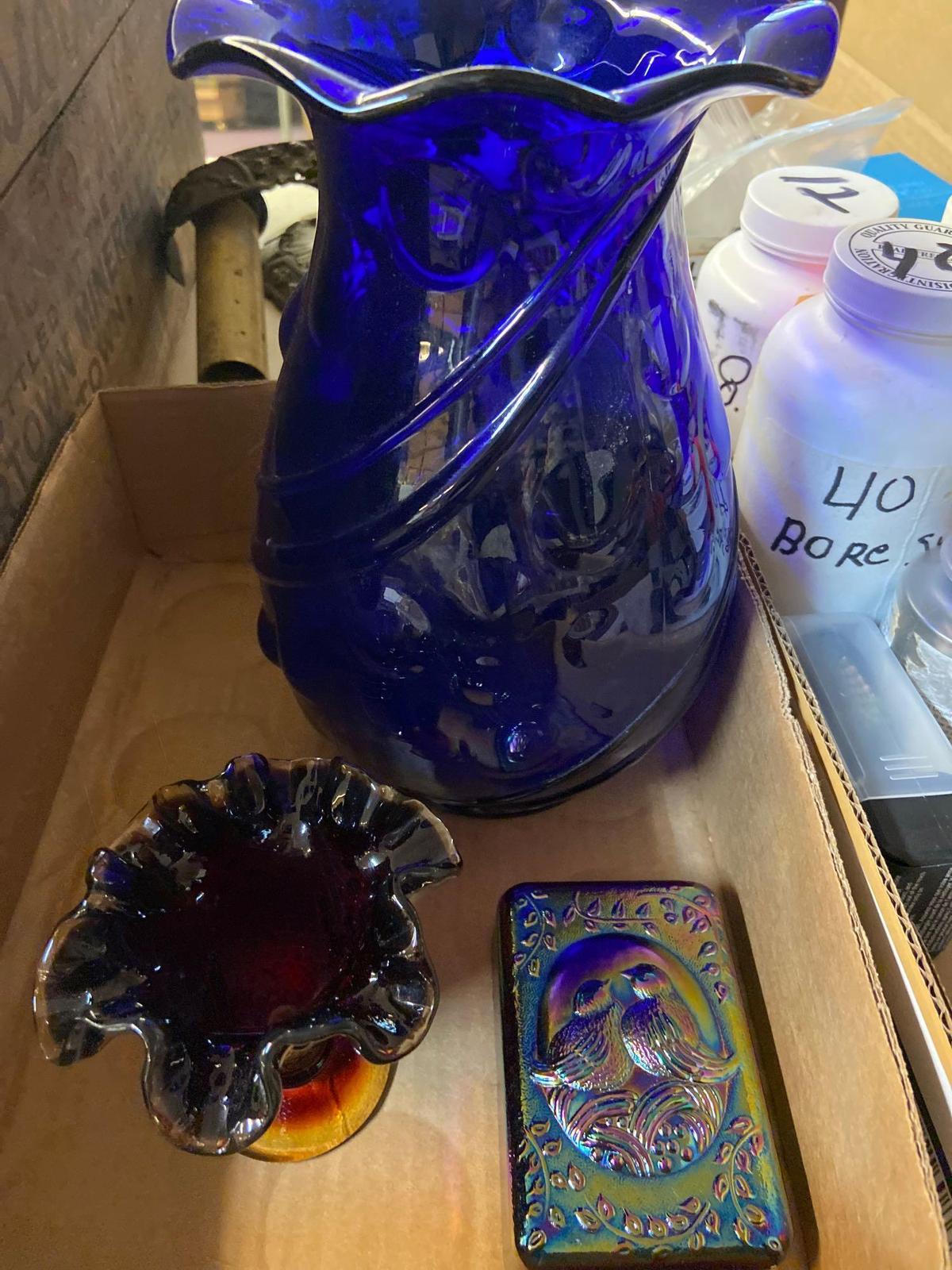 Fenton Amberina vase, Lovebird paperweight, large colbalt vase