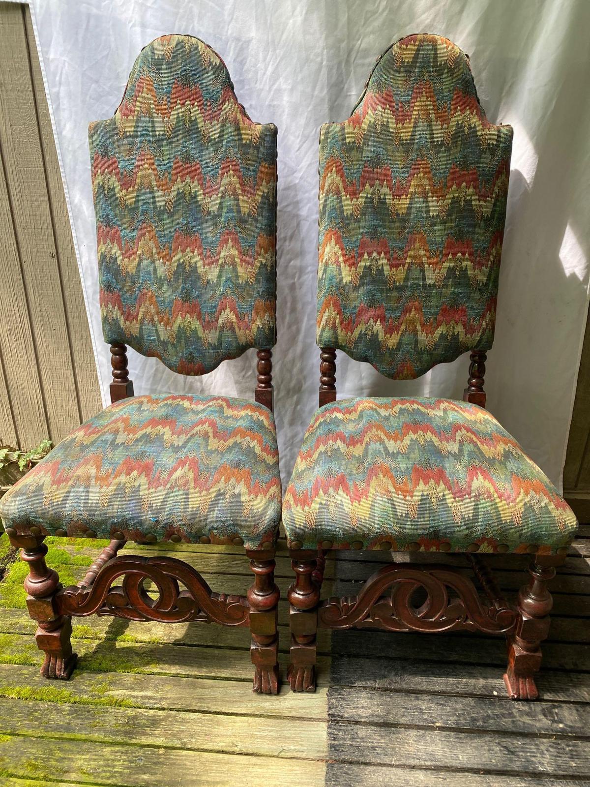 Pair high back chairs w/ Chevron upholstery, 48" tall.