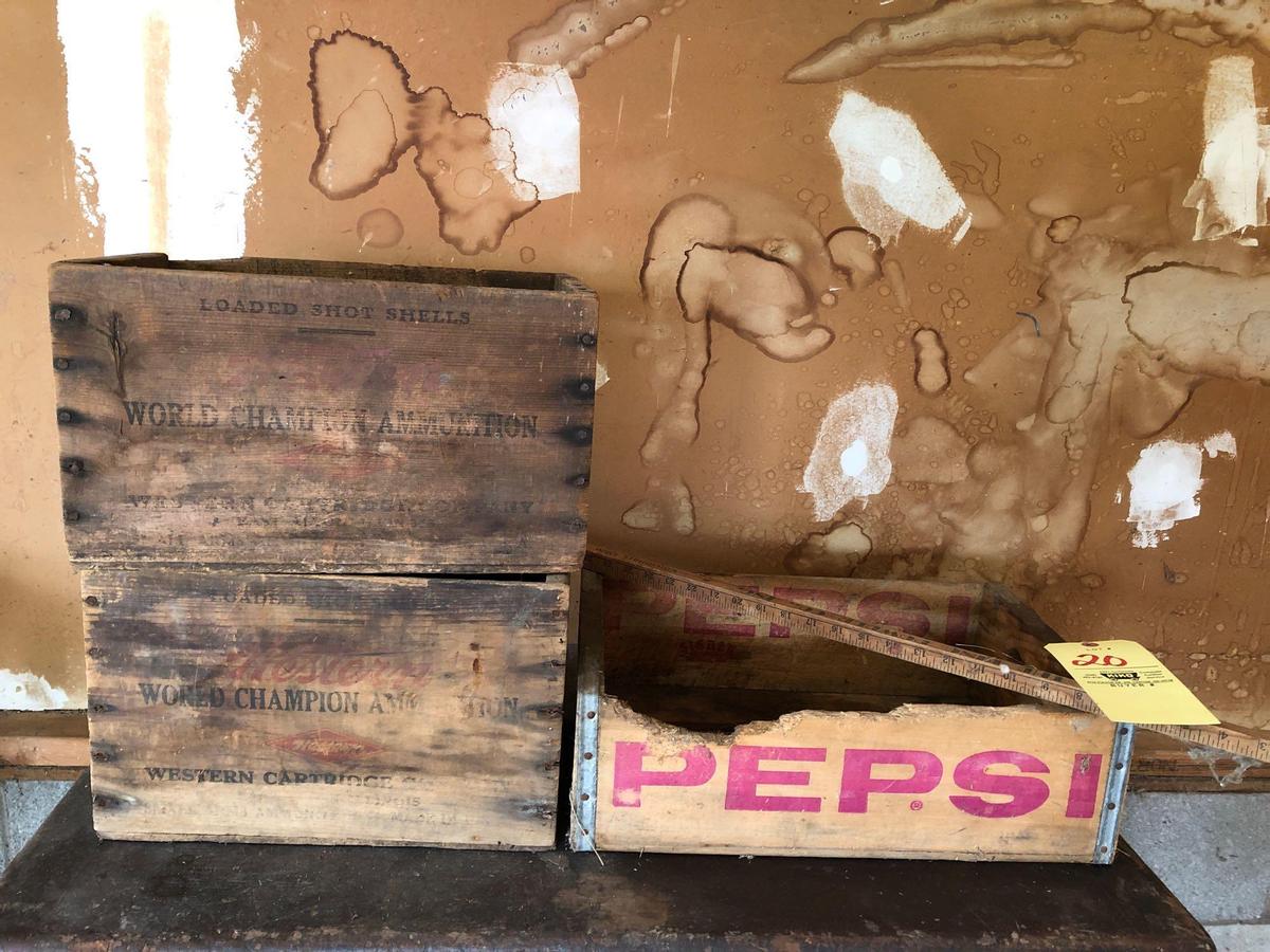 Wood ammo crates, Pepsi crate, yard stick