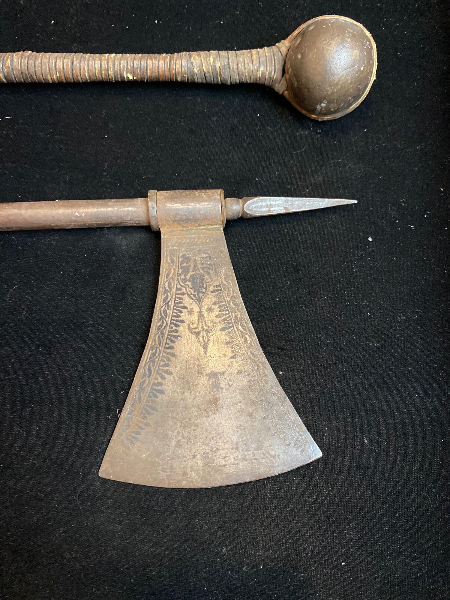 Metal handle hatchet & bolo stone on stick