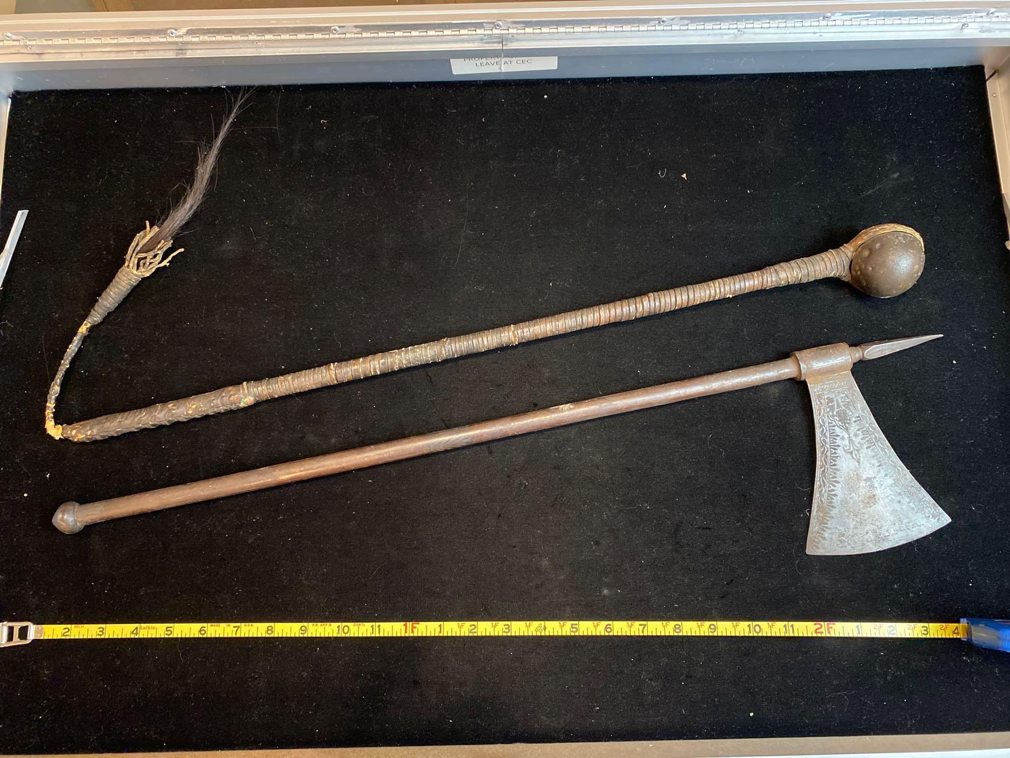 Metal handle hatchet & bolo stone on stick