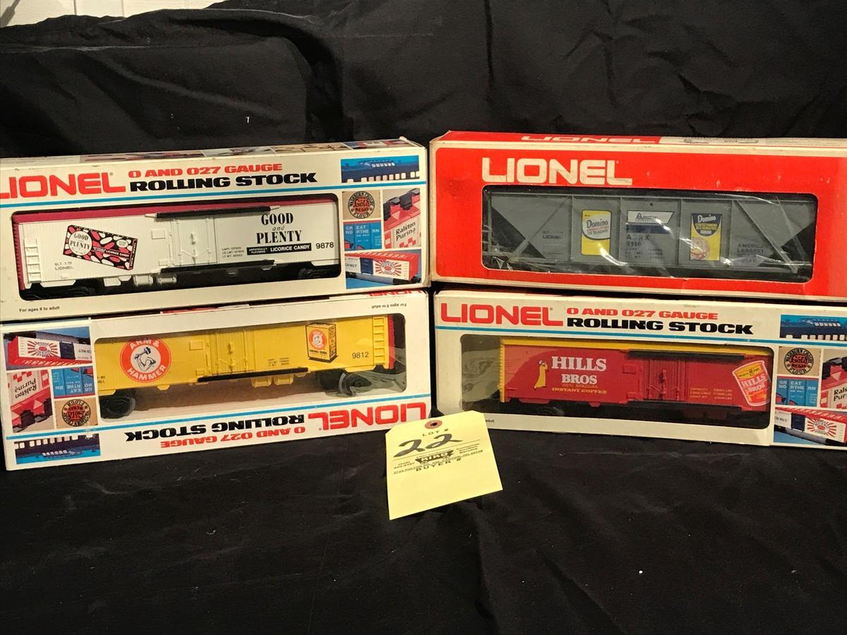 Lionel Cars, Good 'N Plenty Reefer, Arm and Hammer Billboard Reefer, Hills Bros. Reefer