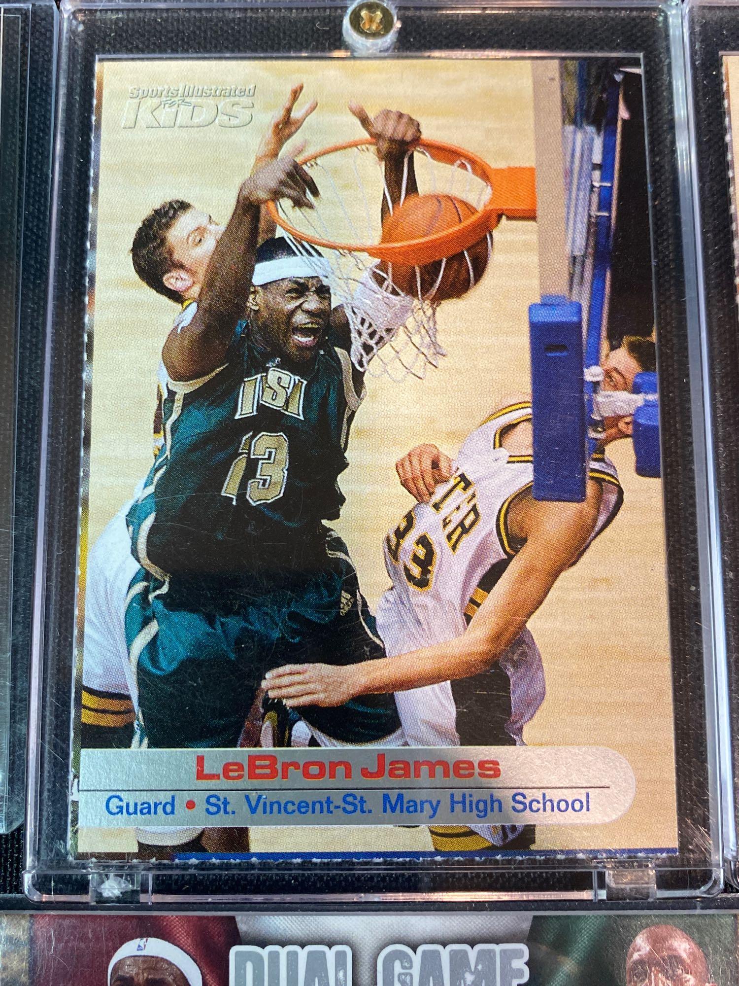 LeBron James 2003 Sports Illustrated for kids cards, Upper Deck, dual game materials card.