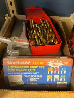 Fuse set, tools, drill bits, advertising tin, old mixer, projector, book, head vases