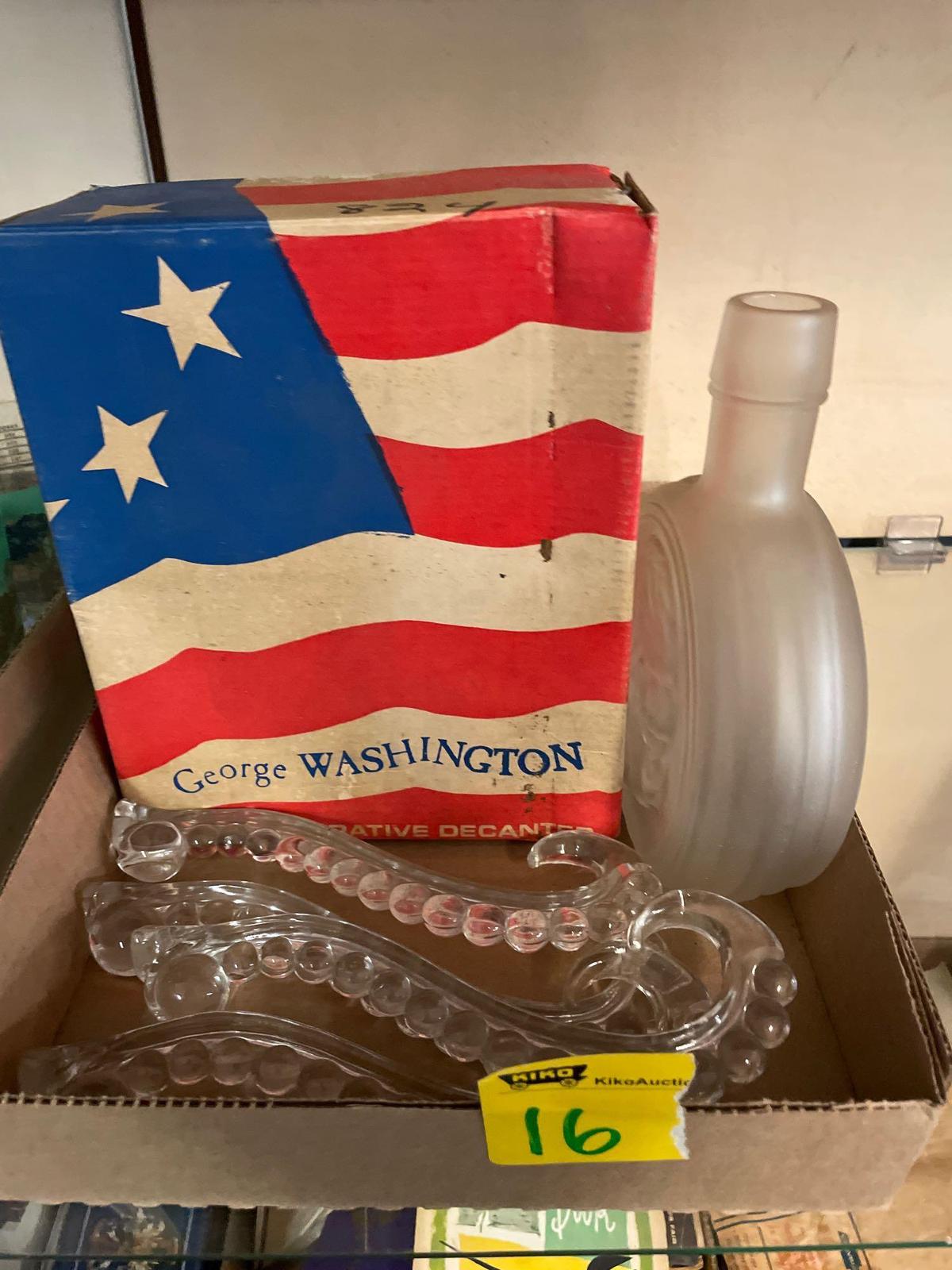 Wheaton political bottles in boxes, George Washington, George McGovern, glass regulators