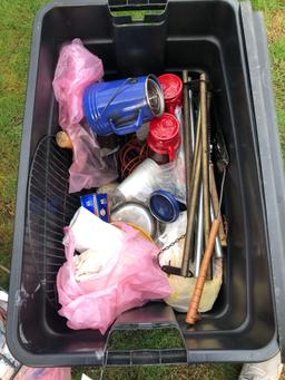 Camping box lot, kettle, cooking stand, lanterns