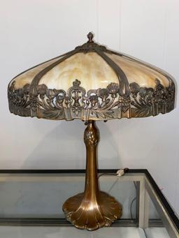 Signed Pittsburgh Arrowroot #2154 lamp w/ 8-panel 18" slag glass shade.