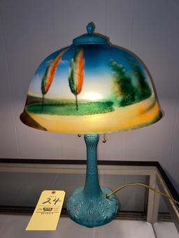 Pittsburgh 20" tall thistle base lamp w/ 14" reverse painted shade.