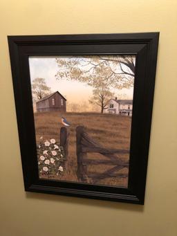 Framed cat print, framed Billy Jacobs Morning's Glory print signed and dated