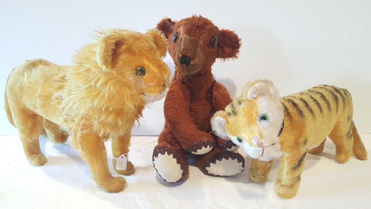 3 vintage mohair animals, lion, tiger, bear