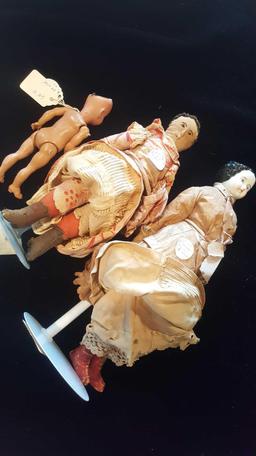 3 early antique dolls, china head, cloth and bisque