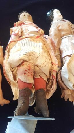 3 early antique dolls, china head, cloth and bisque