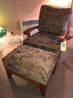 Oak and floral upholstered Chair and Ottoman