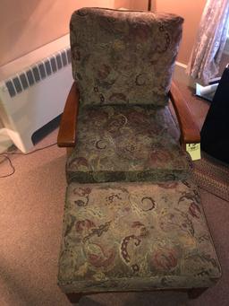 Oak and floral upholstered Chair and Ottoman