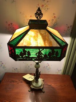 Footed Metal and Marble Base Slag Glass Shade Lamp