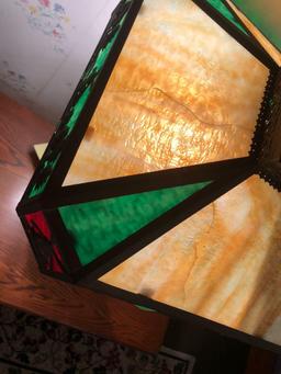 Footed Metal and Marble Base Slag Glass Shade Lamp