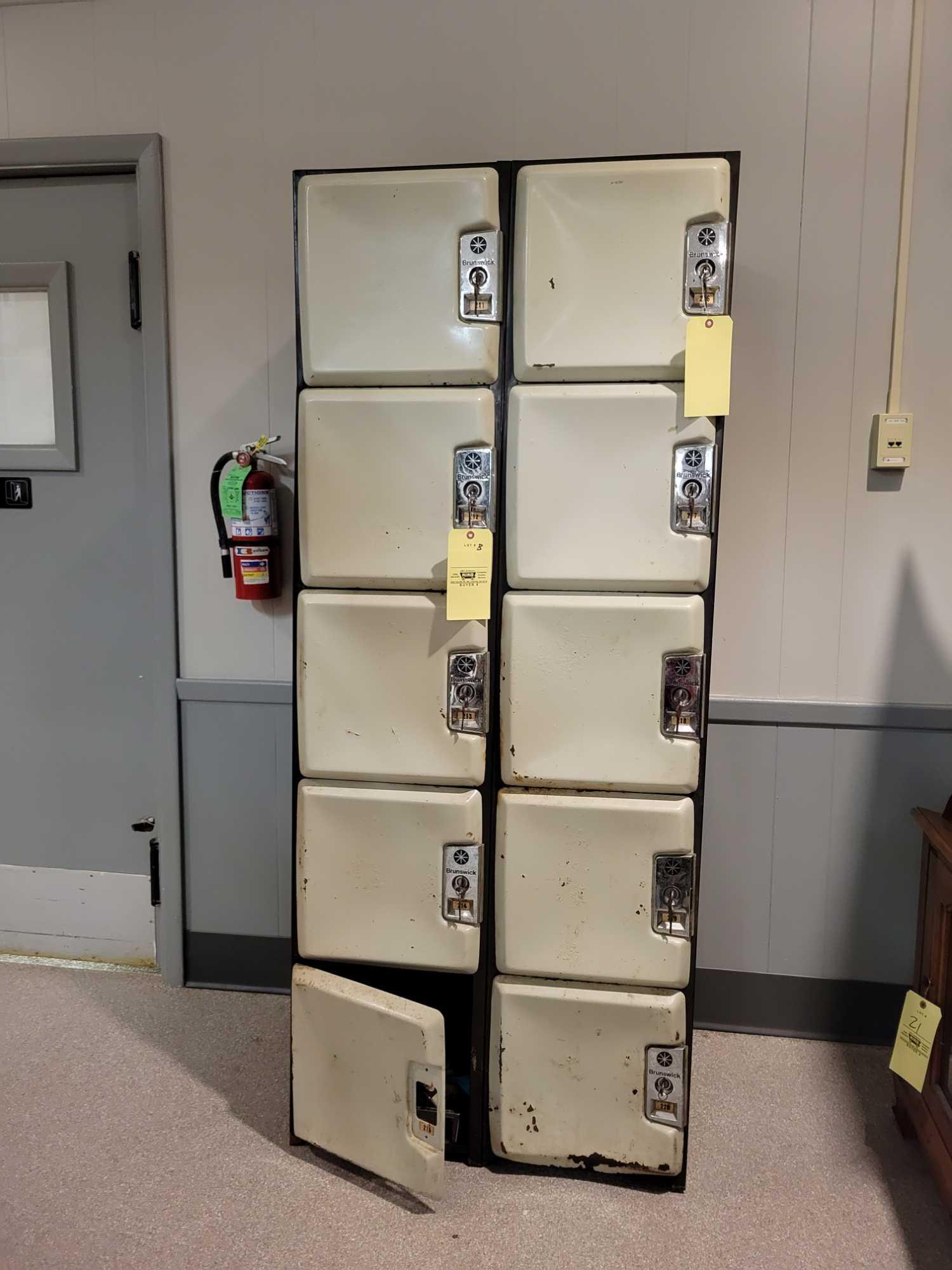 Brunswick 10 door lockers, 9 doors with locks and keys, one lock drilled out