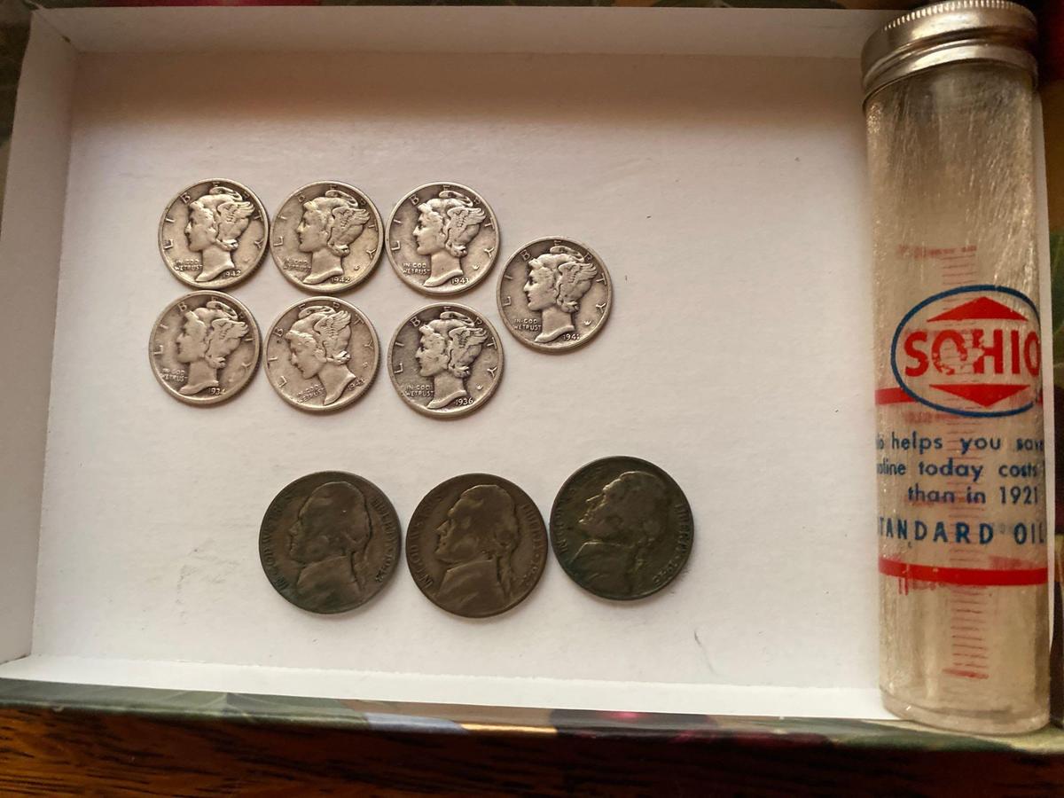 assorted Mercury dimes, War nickels