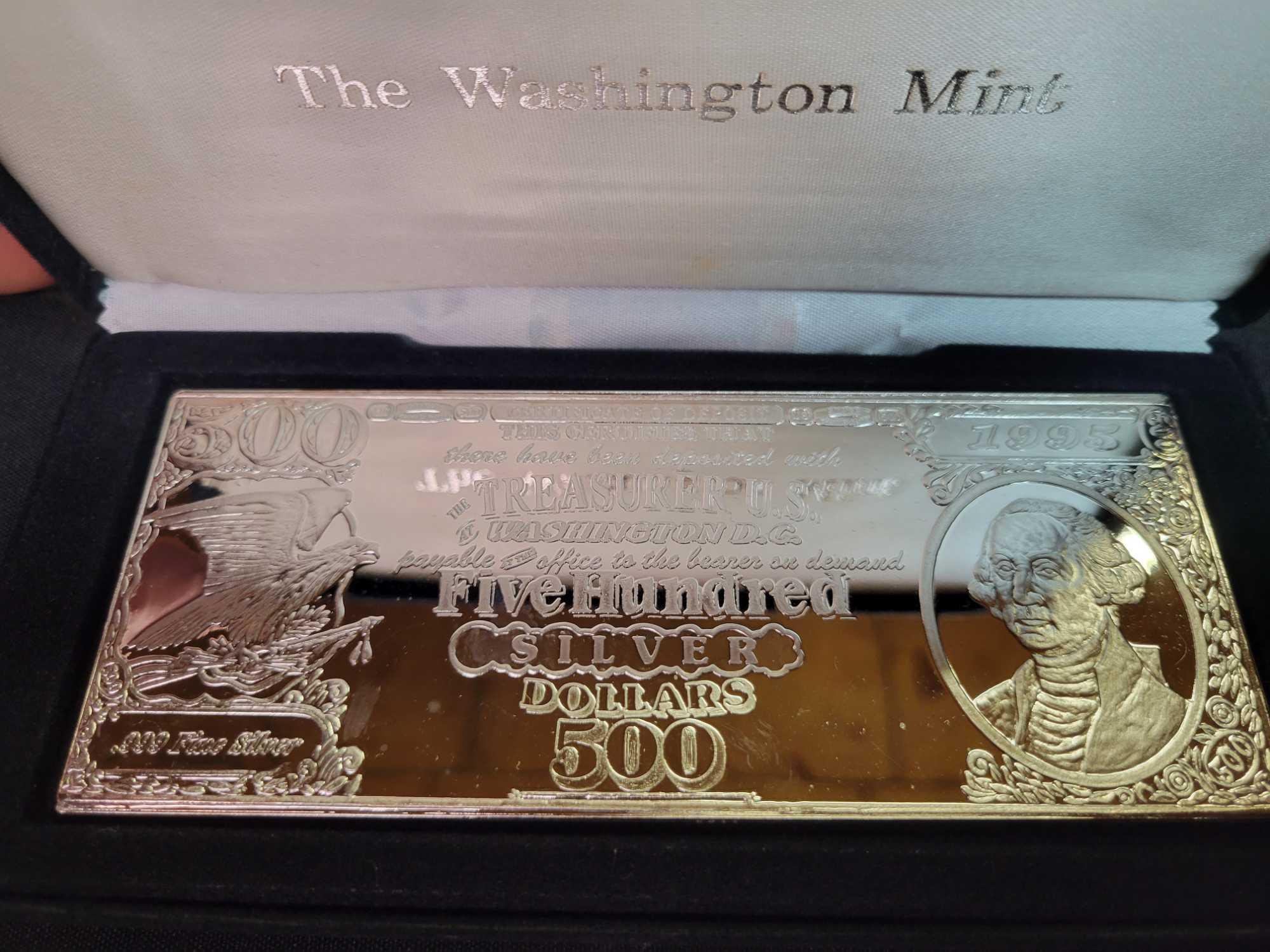 The Washington Mint Five Hundred Silver Certificate half pound fine silver with case