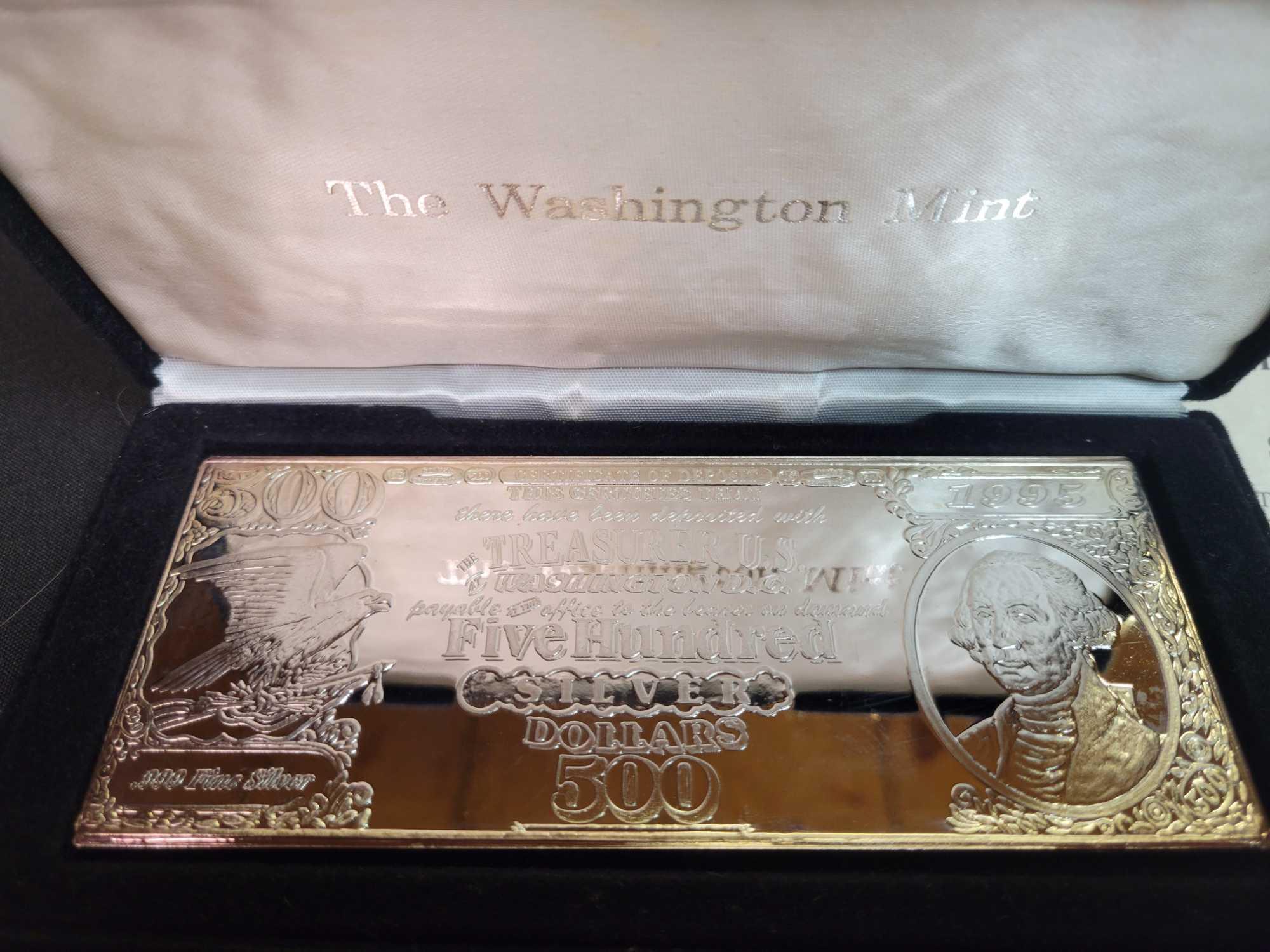 The Washington Mint Five Hundred Silver Certificate half pound fine silver with case