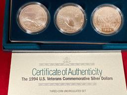 1994-W U. S. Veterans Commemorative silver 3-coin Uncirculated set.