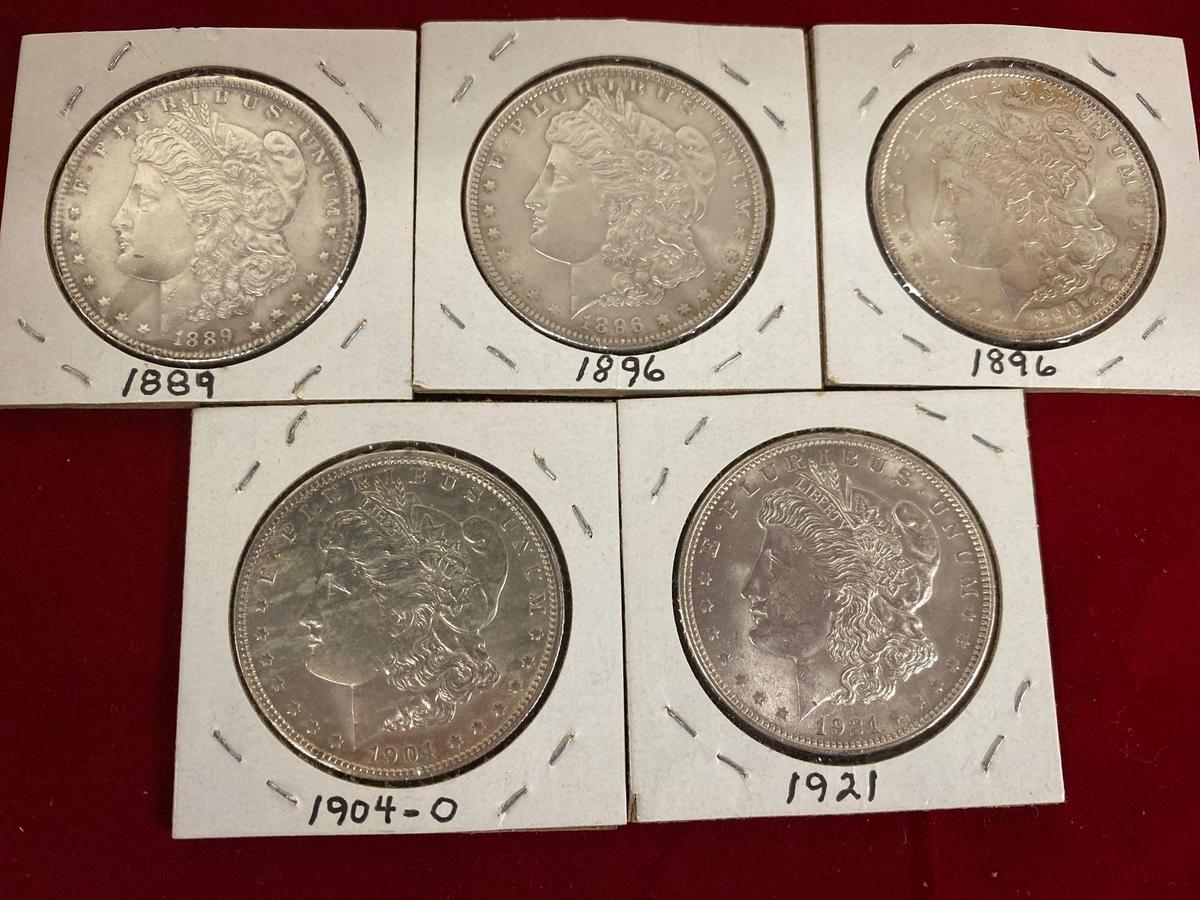 (5) Morgan silver dollars, AU. Bid times five.