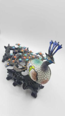 Vintage Chinese genuine silver enamel and jeweled peacock sculpture