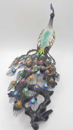 Vintage Chinese genuine silver enamel and jeweled peacock sculpture
