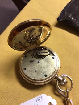 J Sewill pocket watch. Case and chain are marked "18"
