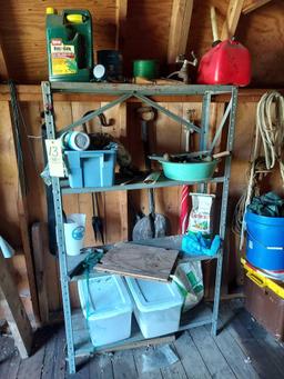 Shelf and Contents: Tools, Sand, Gardening Supplies, Gas Can, Shovel, Shepherd's Hooks, and more