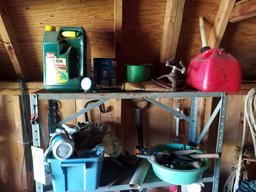 Shelf and Contents: Tools, Sand, Gardening Supplies, Gas Can, Shovel, Shepherd's Hooks, and more